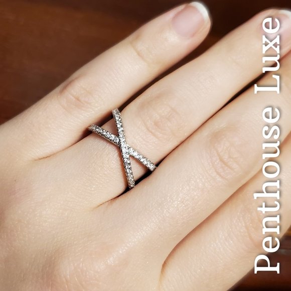 Criss Cross Cubic Zirconia Paved Silver Ring - Picture 4 of 6